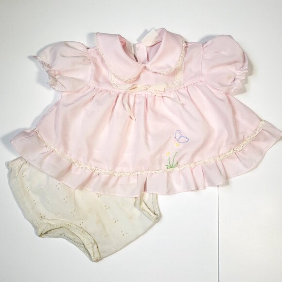 Vintage Other - 80's Vintage Baby Girl Dress 2-3 Mo Light Pink butterfly embroidered